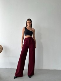 Resim Plenty Kadin Bordo Fermuar Ve Çirt Çirt Kapamali Palazzo Kumaş Pantolon Bordo 