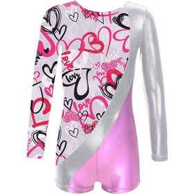 Resim Pembe Kızlar Parlak Kalpler Metalik Atletik Dans Jimnastik Biketard Mayoları Kıyafet Pembe 