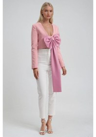 Resim Büyük Fiyonk Detaylı Derin V Yaka Crop Blazer Ceket 6188 Pembe 