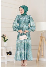 Resim Sevitli Piliseli Eteği Volanlı Saten Mona Elbise-mint Yeşili-5073 Mint Yeşili 