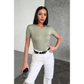 Resim Rahat Ve Şık Kısa Kollu Bisiklet Yaka Likralı Viskon Penye Body Haki 