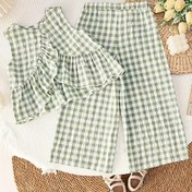 Resim Yeni Nesil Takımı Ekose Düz Renk Yuvarlak Yaka Dantel Detaylı Yelek Üstü Gevşek Rahat Pantolon ile, Sevimli Moda 2 Parça Seti Yaz Plaj Tatili için, Dış Mekan için 