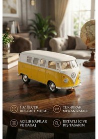 Resim 1:32 Ölçek Metal Çek Bırak Nostaljik Volkswagen T1 Minibüs Vosvos Oyuncak Araba - Sarı 13 Cm 