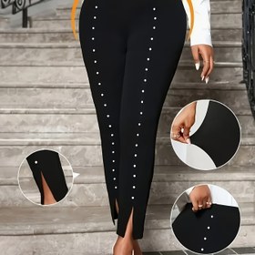 Resim Kadınlar İçin Şık İnci Detaylı Eğimli Yırtmaçlı Dar Paça Pantolon - 7/8 Boy Tam Boy Esnek Elbise Pantolonu, İnce Siluet İçin, İlkbahar Yaz Sonbahar Günlük ve Şık Giyim (Gereksiz) - Düz Renk, Tayt Değil 