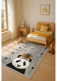 Resim Sevimli Panda Çocuk Odası Halısı Gri 