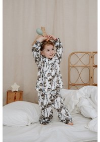 Resim Panda Desenli Yaka Detaylı Çocuk Pijama Takım Mavi 