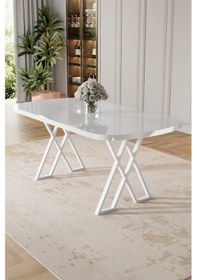 Resim Canisa Kaye Serisi Mdf 90x168 Beyaz Mutfak Masası Takımı 6 Krem Sandalye Beyaz Masa Sandalye Krem 