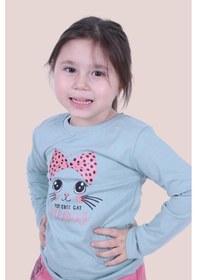 Resim 3'lü Cat Meow-hug And Kisses-cute Cat Baskılı Kız Çocuk Uzun Kol Mint Yeşil-gri-kırmızı Sweatshirt Çok Renkli 