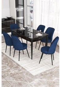 Resim Canisa Kor Serisi 70x114 Açılabilir Mutfak Masası Takımı Siyah Mermer Desen Masa 6 Lacivert Sandalye Masa Siyah Mermer Desen Sandalye Lacivert 