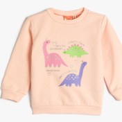 Resim Kız Bebek Dinozorlu Sweatshirt Uzun Kollu Bisiklet Yaka Şardonlu Pamuklu 