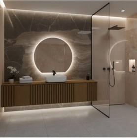 Resim 70x89 Cm Modern Yuvarlak Led Banyo Aynası Dokunmatik, Dim Edilebilir, 3000k Günışığı Sarı 