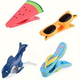 Resim Renkli Plaj Havlu Klipsleri - Flamingo, Papağan, Balina ve Karpuz Terlik Tasarımlı - Rüzgar Geçirmez Plastik Çamaşır Mandalıları için Dış Mekan Kullanımı, Güneşlenme ve Taşınabilir Askılıklar 