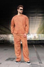 Resim Madmext Kahverengi Bisiklet Yaka Batik Desenli Erkek Sweatshirt Pantolon Takım E7344 Kahverengi 