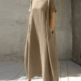 Resim Kadınlar İçin Yazlık Yeni Yuvarlak Yaka Kısa Kollu Bol Kesim Şık Düz Renk Cepli Midi Etek 
