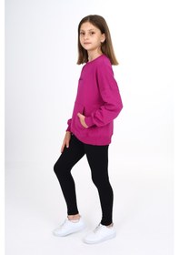 Resim Toontoy Kids Toontoy Kız Çocuk 2'li Takım Baskılı Bisiklet Yaka Düşük Omuz Cepli Sweatshirt & Basic Düz Tayt Mürdüm 