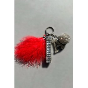 Resim AEA Gümüş Baget & Gümüş Disko Top & Gümüş Harf & Kırmızı Tüy Anahtarlık 
