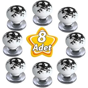 Resim 8 Adet Siyah Gül Desenli Beyaz Polimer Düğme Kulp Krom Tablalı Mobilya Mutfak Dolabı Çekmece Kulbu Kulpları 
