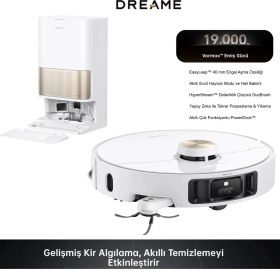 Resim Dreame Kendi Kendini Temizleyen Robot Süpürge 19000PA Yüksek Çekim Gücü 40MM Engel Atlama Hyperstream Fırça 75°c Sıcak Su Otomatik Toz Boşaltma Süpürme Silme 