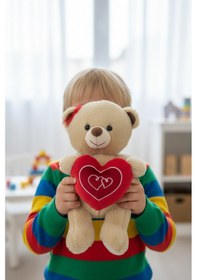 Resim Kırmızı Tokalı Sevimli Yumuşacık 35 Cm Kalpli Peluş Ayıcık Uyku Arkadaşı Hediyelik Çok Renkli 