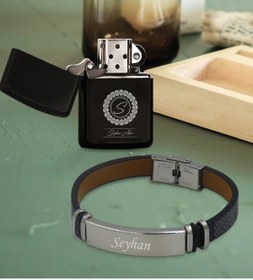 Resim Bk Gift Kişiye Özel Isimli Benzinli Çakmak Ve Siyah Desenli Deri Bileklik Hediye Seti-2 