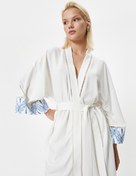 Resim Uzun Oversize Kimono Keten Karışımlı Kemer Detaylı Floral Desen Detaylı 