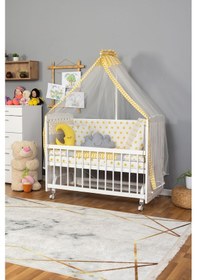 Resim Ahşap Beşik Anne Yanı Beşik Beyaz 60x120 - Sarı Yıldız 3 Yastık Uyku Seti + Yatak + Tekerlekli Beyaz 
