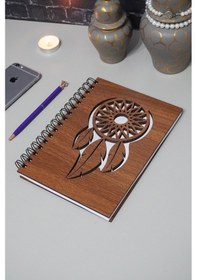 Resim Rüya Kapanı Desenli Ahşap Defter Ajanda A5 Notebook Çizgisiz Defter Ahşap Rengi Ceviz A5 Notebook 