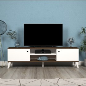 Resim Diodor Tv Ünitesi Açık Raflı Milano K2 Parlak Beyaz-kahverengi Modern Tasarım 150cm Ahşap Tv Sehpası 
