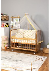 Resim Ahşap Beşik Anne Yanı Beşik Vernikli 60x120 - Sarı Yıldız Tek Yastık Uyku Seti + Yatak+tekerlekli Ahşap 