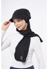 Resim Hürrem Bone Siyah Şapkalı Atkılı Geçmeli Tesettür Bone Swimmy Logolu 2321 01 Siyah 
