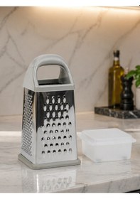 Resim Paslanmaz Çelik Hazneli Mutfak Rende Kaymaz Tabanlı, Ergonomik Saplı Çok Amaçlı Rende Br-6844 Gri 