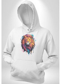 Resim Renkli Yağlı Boya Aslan Kadın Erkek Beyaz Kapüşonlu Sweatshirt Hoodie Beyaz 