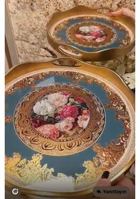 Resim Beliza İkili Çiçek Desenli Ahşap Tepsi Seti Büyük 39 Cm / Küçük 34 Cm Çok Renkli 