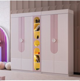 Resim Gardırop, Vira 4 Kapaklı Dolap Ve Ledli Kitaplık - Pembe 