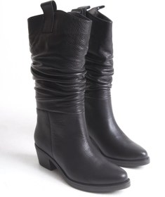 Resim Ayakkabı Delisiyim Siyah Deri Kadın Çizme Western Kovboy Piliseli Kaymaz Taban Kalın Topuklu Dina 