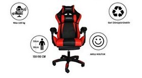 Resim Fashcolle Red Star Işıklı Masaj Özellikli Oyuncu Koltuğu Kırmızı Siyah 