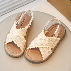 Resim Trendy Girls' Beige Slide Sandals - Minimalist Tasarım, saç tokası ve Döngü Kapatma, Yuvarlak Burun, Düşük Üst Sahte Kapak, Tüm Mevsimler için Rahat Ayakkabılar, Kızlar için Günlük Sandaletler | Trendy Rahat Sandaletler | Espadrille Taban Sandaletler 