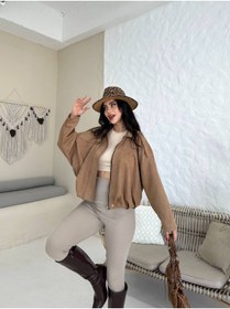 Resim buqre's moda Trend Oversize Kadın Bomber Süet Deri Ceket 
