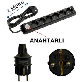 Resim Avarson 6'lı Altılı Priz Topraklı Anahtarlı Kablolu Siyah 3x1,5 Ttr 3 Üç Metre 