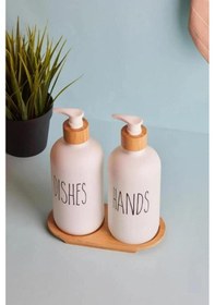 Resim 2 Li Beyaz Mutfak Sıvı Sabunluk Seti 500ml+500ml Bambu Standlı 