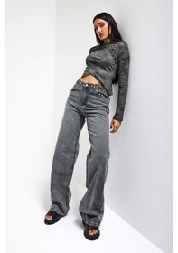 Resim Itsbasic Kadın Füme Renk 4s513 Loose Fit Kemeri Leopar Desenli Denim Jean 
