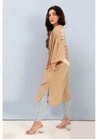 Resim Wpr Kimono Arkası Baskılı Püsküllü Keten - Vizon-vizon Vizon 