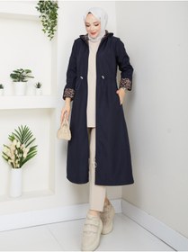 Resim RACE FASHİON Leopar Desenli Bondit Kumaş Beli Lastikli Kapüşonlu Tesettür Trençkot RC1205010 