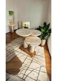 Resim El Yapımı Ahşap Mantar Sehpa 3 Lü Naturel Renk Zigon Sehpa Bej 