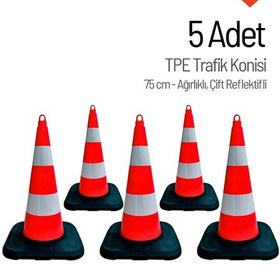 Resim 5'li Tpe Trafik Konisi Seti 75 Cm Ağırlıklı Çift Reflektifli Trafik Dubası-3607 