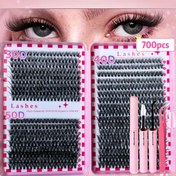 Resim 700/800 adet Kirpik Uzatma Kiti, 2-in-1 Kirpik Bağlama, Cımbız, Tutkal Çıkarma, Kirpik Fırçası, 30D-40D-50D 40D-60D 80D-100D 9-16mm Karışık Kirpik Küme Başlangıçlar için Evde ve Yeniden Kullanım Anneler Günü Hediyeleri 