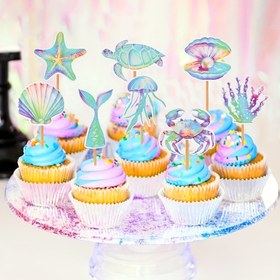 Resim 16 Paket Deniz Perisi Cupcake Süslemeleri - Deniz Kabuğu, Yıldız Balığı, Kaplumbağa ve Balık Kuyruğu Üstleri Renkli Içek Desenleriyle Deniz Altı Doğum Günleri, Deniz Perisi Parti Süslemeleri, Parti Tatlı Aksesuarları, Hikaye Kek Süsü, Doğal Malzeme Süsü 