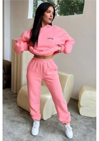 Resim Eşofman Takımı Sweatshirt Jogger - Pembe Baskılı Oversize Şardonlu Kapüşonlu Pembe-273274 