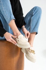 Resim ZENNESHOES Kristen Kadın Bej Deri Zincirli Loafer Ayakkabı 