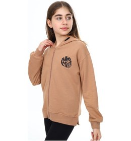 Resim Toontoy Kız Çocuk Kapüşonlu Fermuarlı Düşük Omuz Nakış Baskılı Yırtmaç Detaylı Örme Hırka - 3 İplik Şardonsuz Kahverengi 